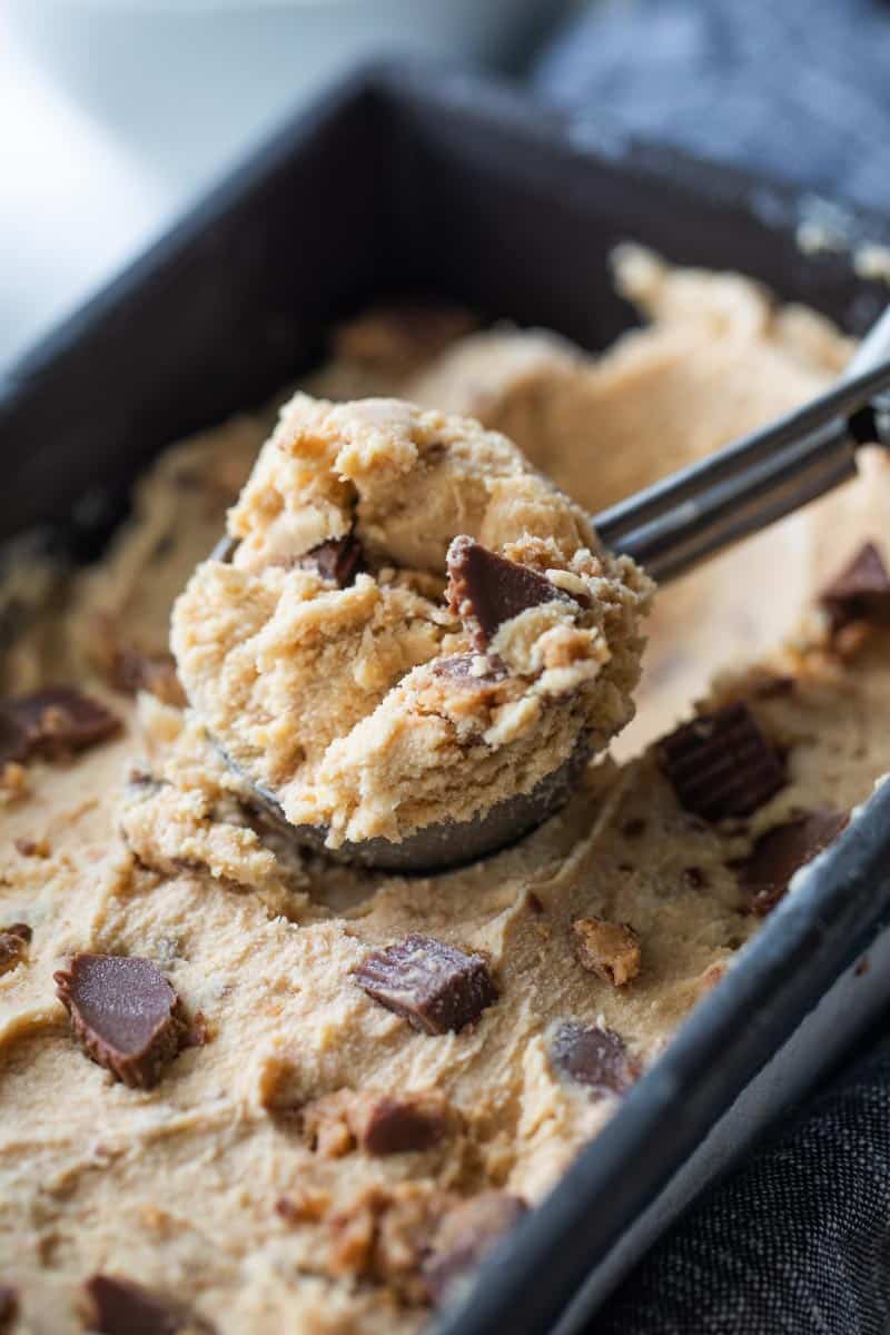 spoon in pan of peanut butter cup ice cream