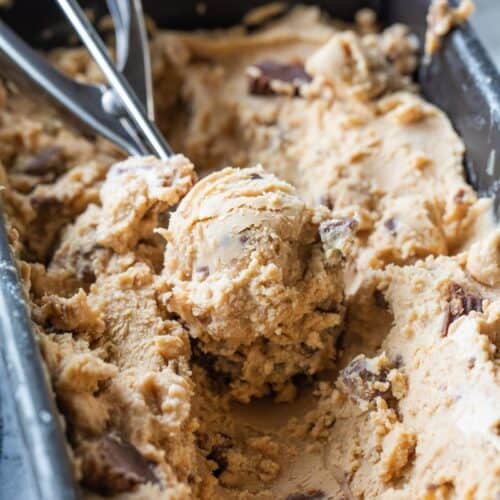 ice cream scoop scooping peanut butter ice cream from pan