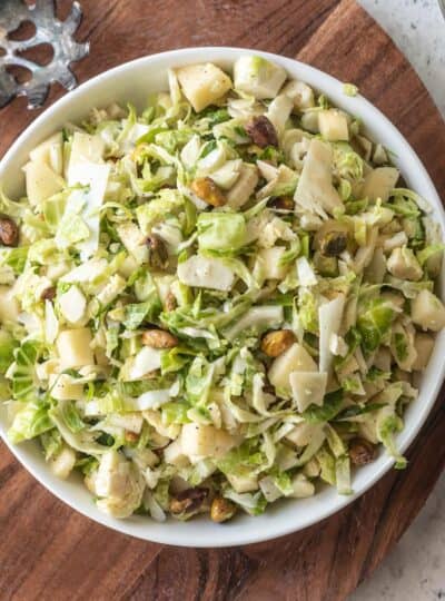 shaved brussels sprout salad in a bowl