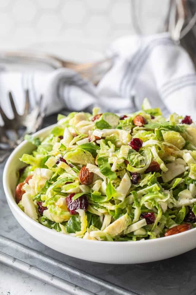 close up of brussel sprout salad in a bowl