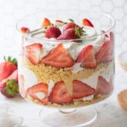 layered berry dessert in trifle bowl