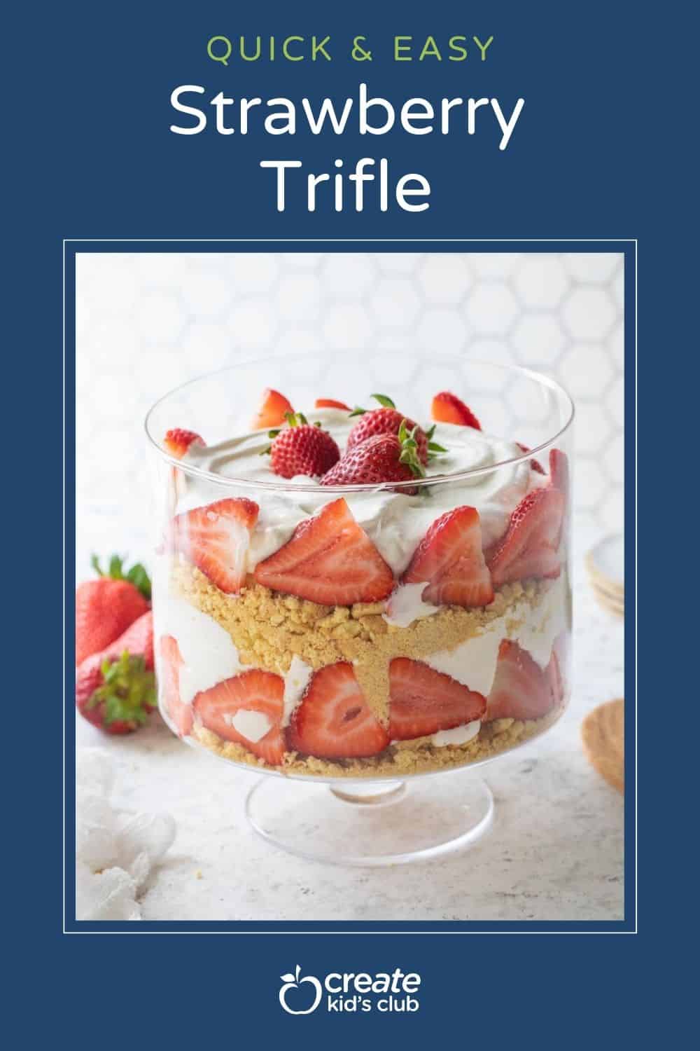 pin of a strawberry trifle shown in a trifle dish