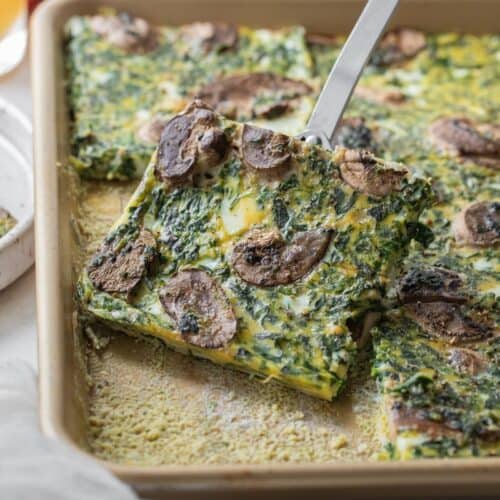 slice of baked eggs removed from sheet pan