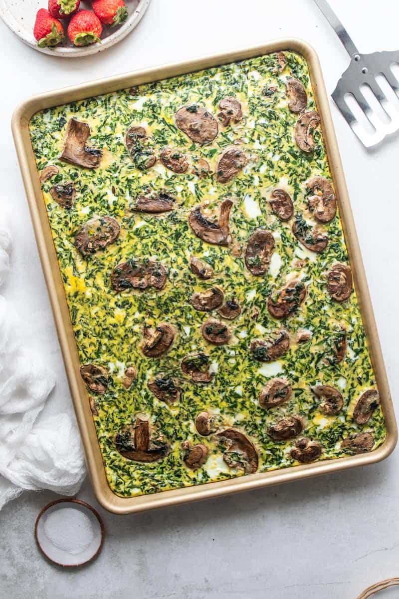 top down view of baked sheet pan eggs