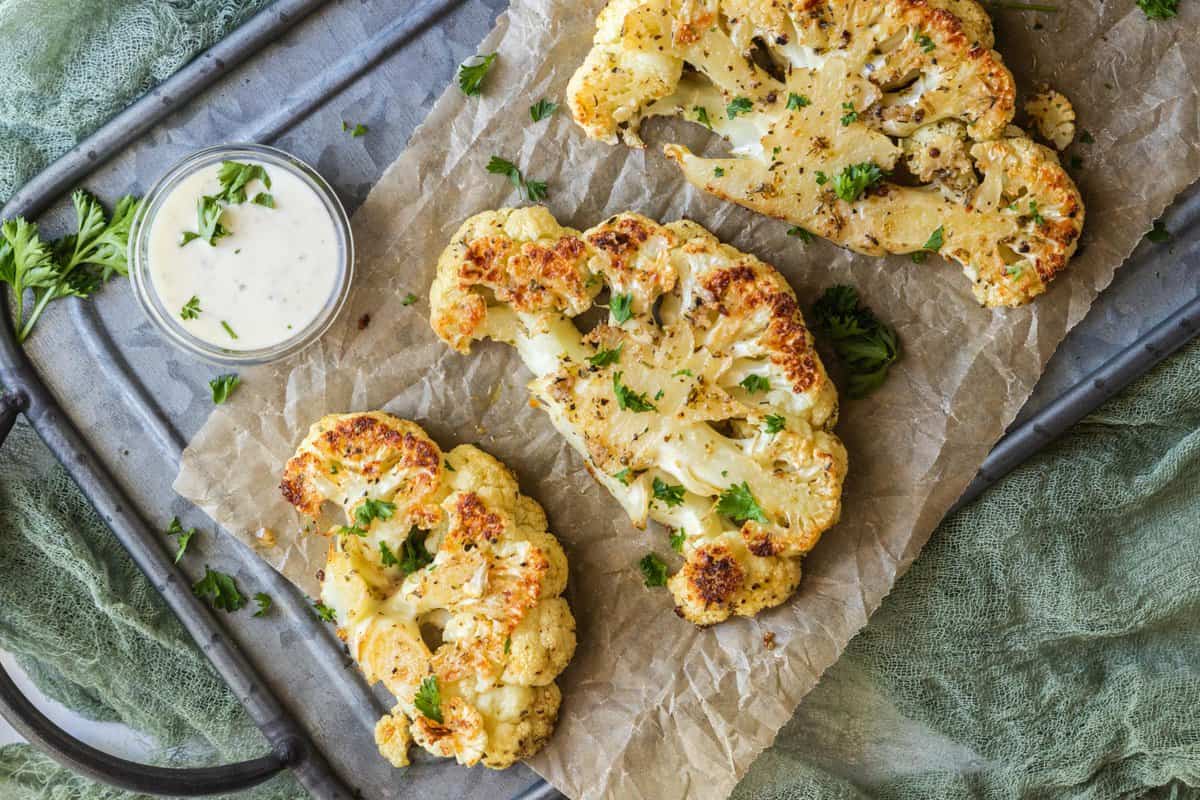 top down view of baked seasoned cauliflower