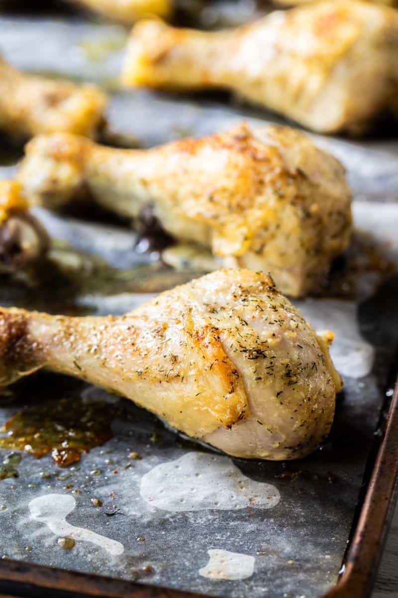 close up shot of baked chicken drumsticks