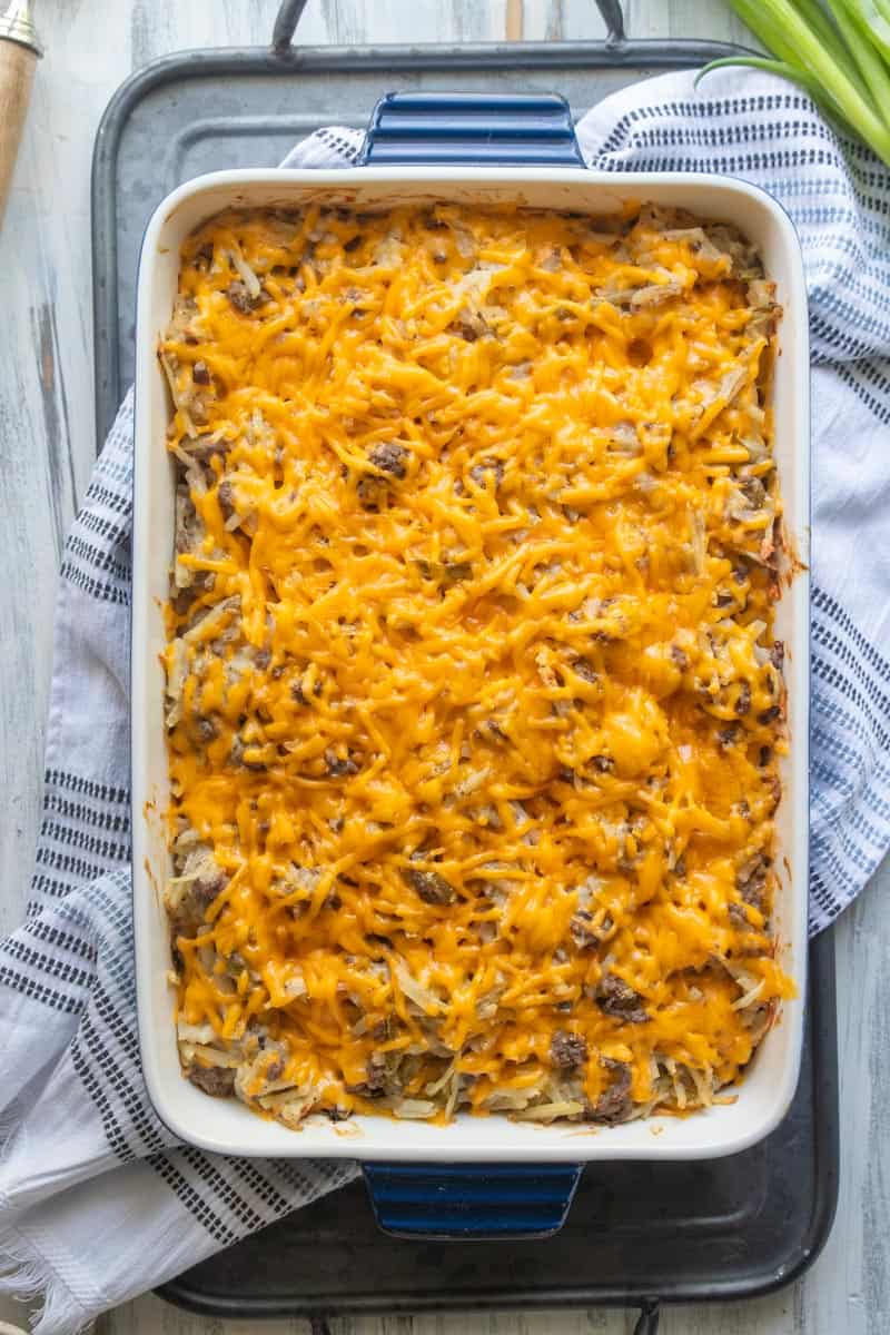 top down view of hamburger hashbrown casserole