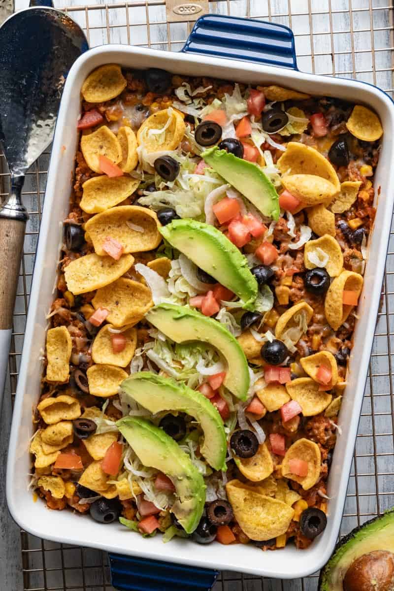 top down shot of taco casserole in baking dish