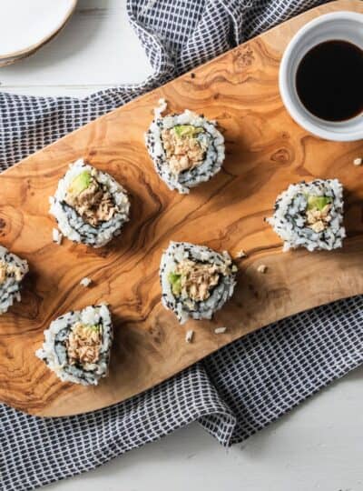 top down shot of salmon sushi rolls