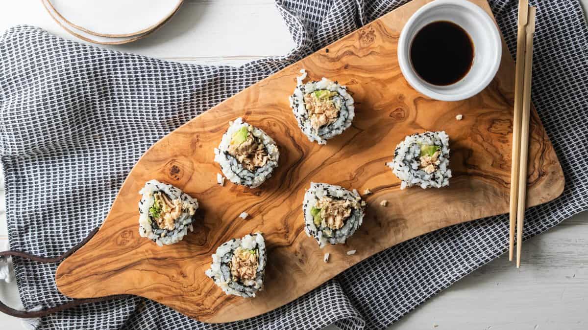 top down view of salmon sushi