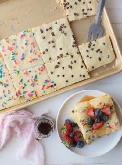top down view of sheet pan pancakes and toppings