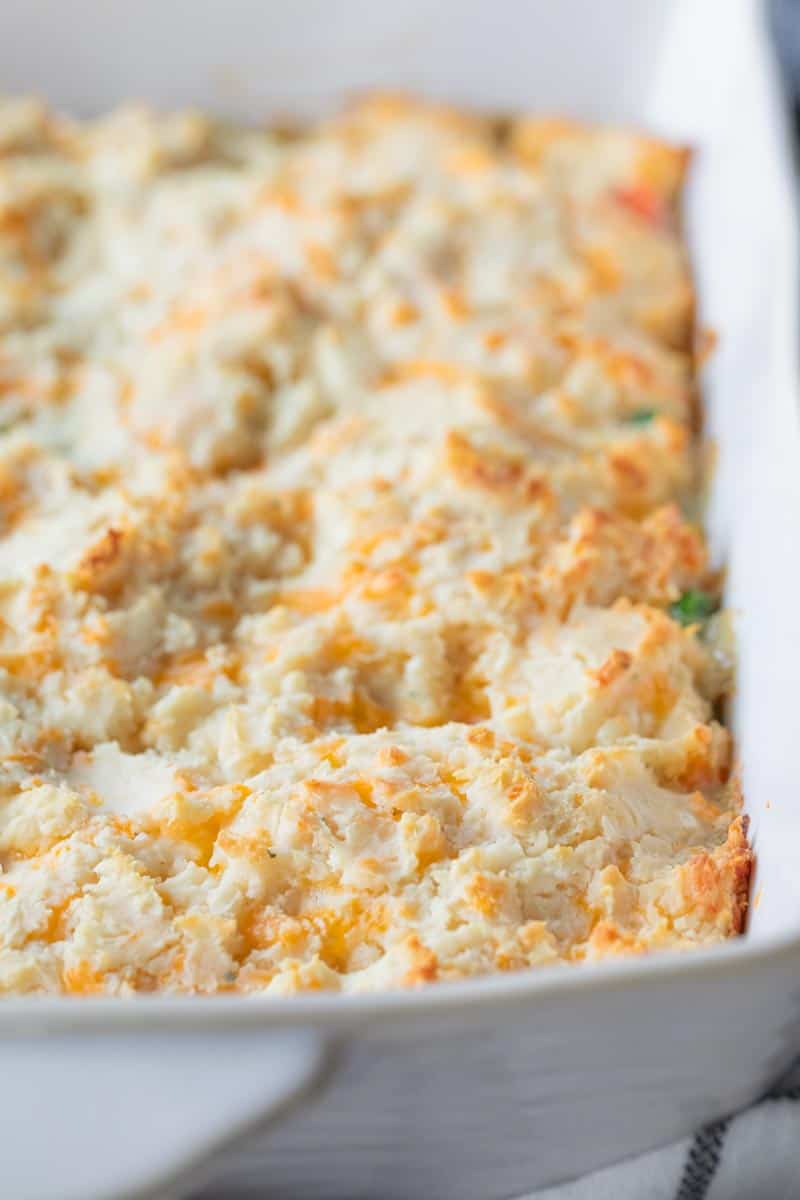 casserole dish with biscuit chicken pot pie