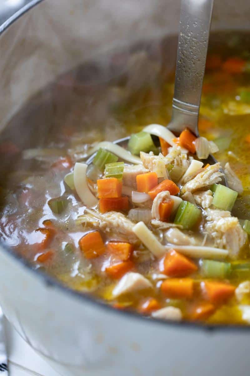 ladle in a large pot of turkey noodle soup