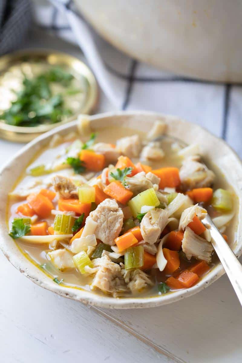 turkey noodle soup in a bowl with a spoon