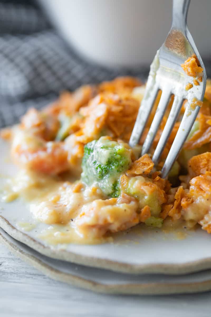 fork scooping into a vegetable casserole