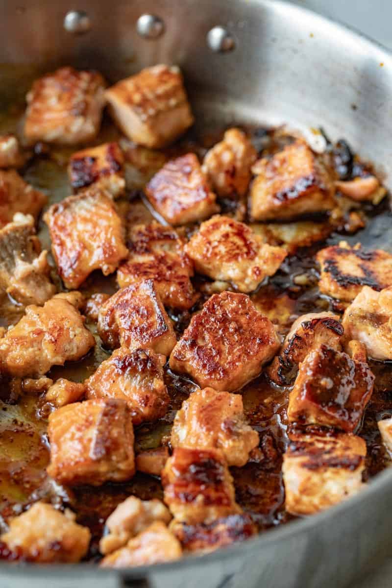 crispy salmon bites in a sauté pan