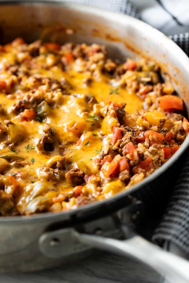 cheesy pepper casserole in a saute pan