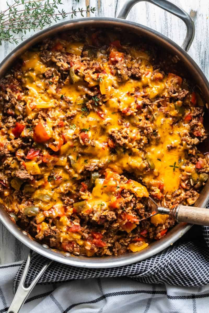 stuffed pepper casserole topped with melted cheese