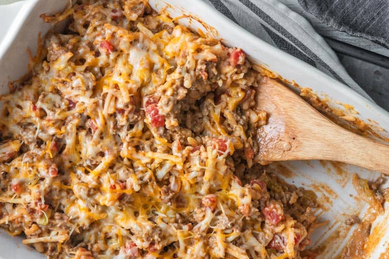 top down view of cheesy potato and beef casserole