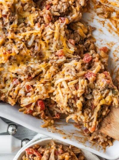 top down view of cheesy potato and beef casserole