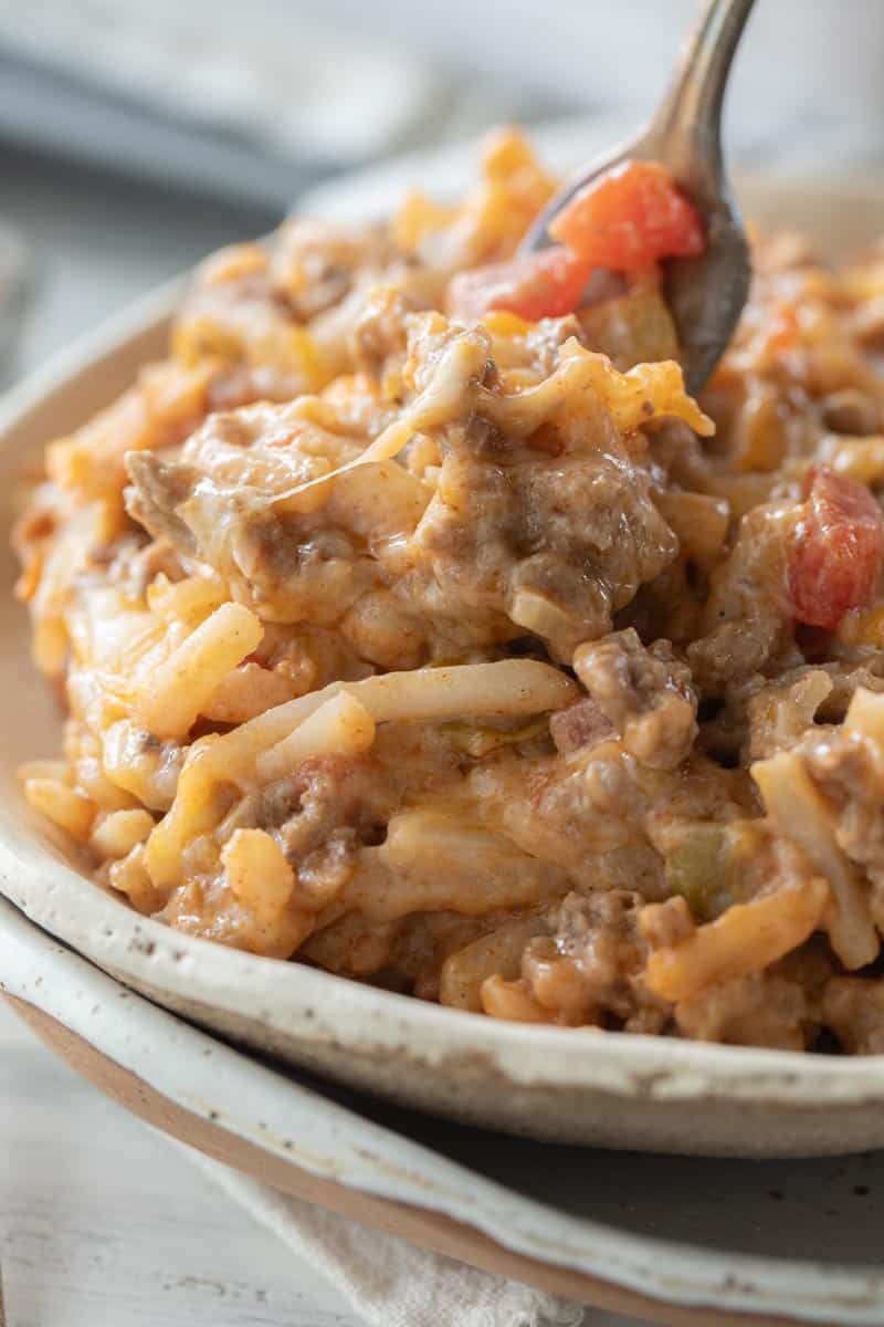 fork in a bowl of taco potato casserole