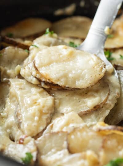 close up view of gluten free au gratin potatoes