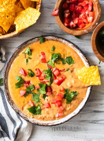 top down shot of queso in a bowl