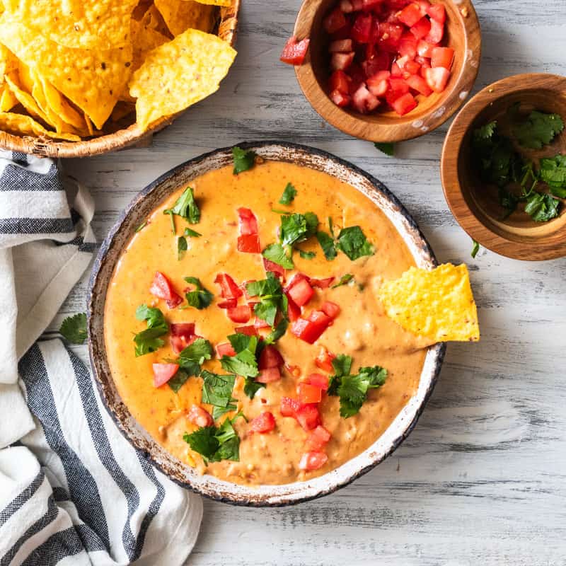 top down shot of queso in a bowl