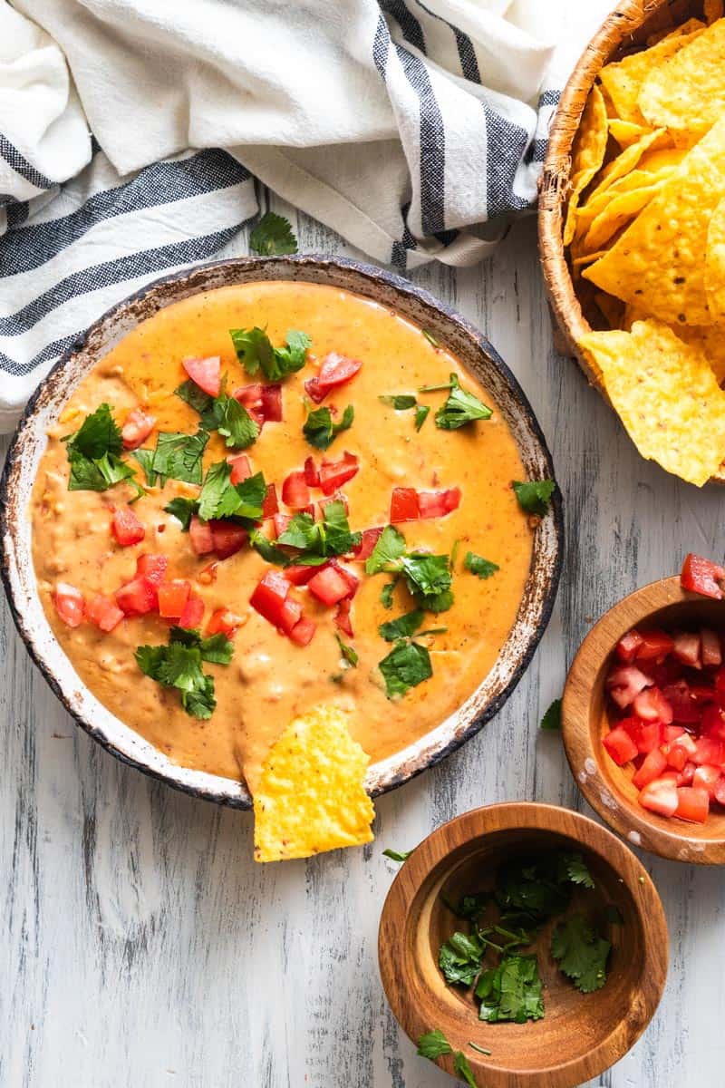 top down view of queso in a serving bowl