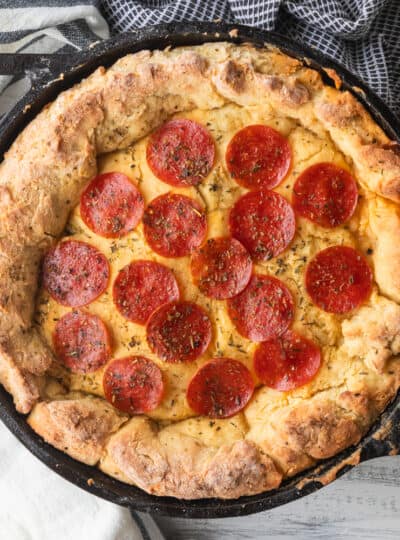 top down shot of pepperoni pizza pot pie