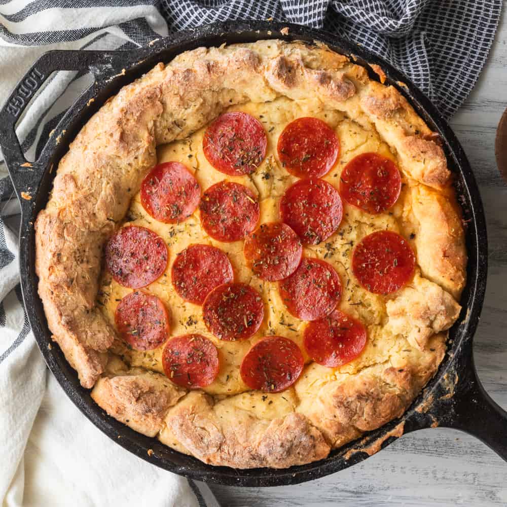 top down shot of pepperoni pizza pot pie