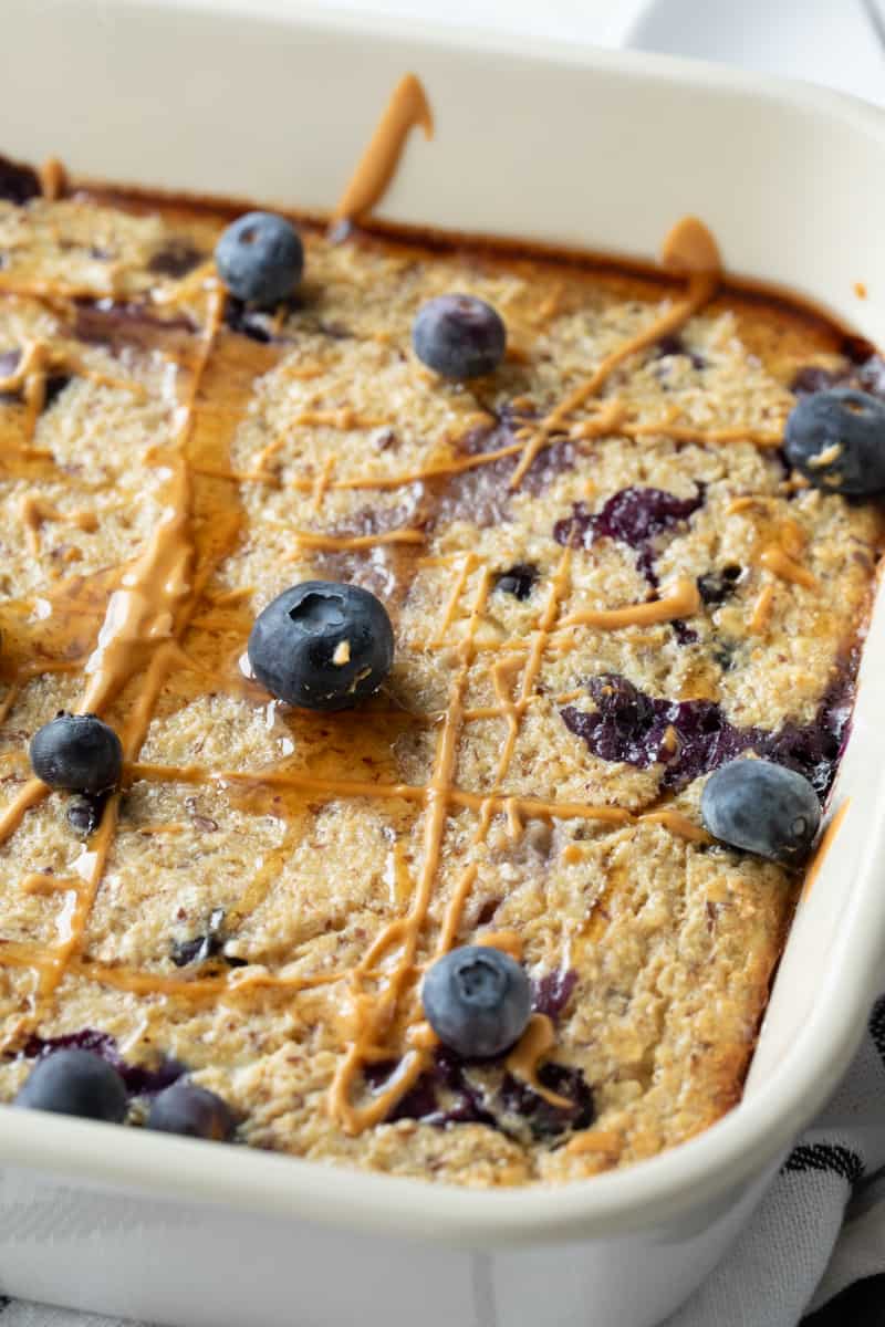 blueberry baked oatmeal in a baking dish