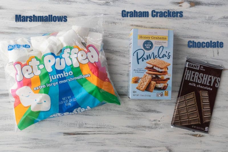 marshmallows, graham crackers and chocolate on a countertop