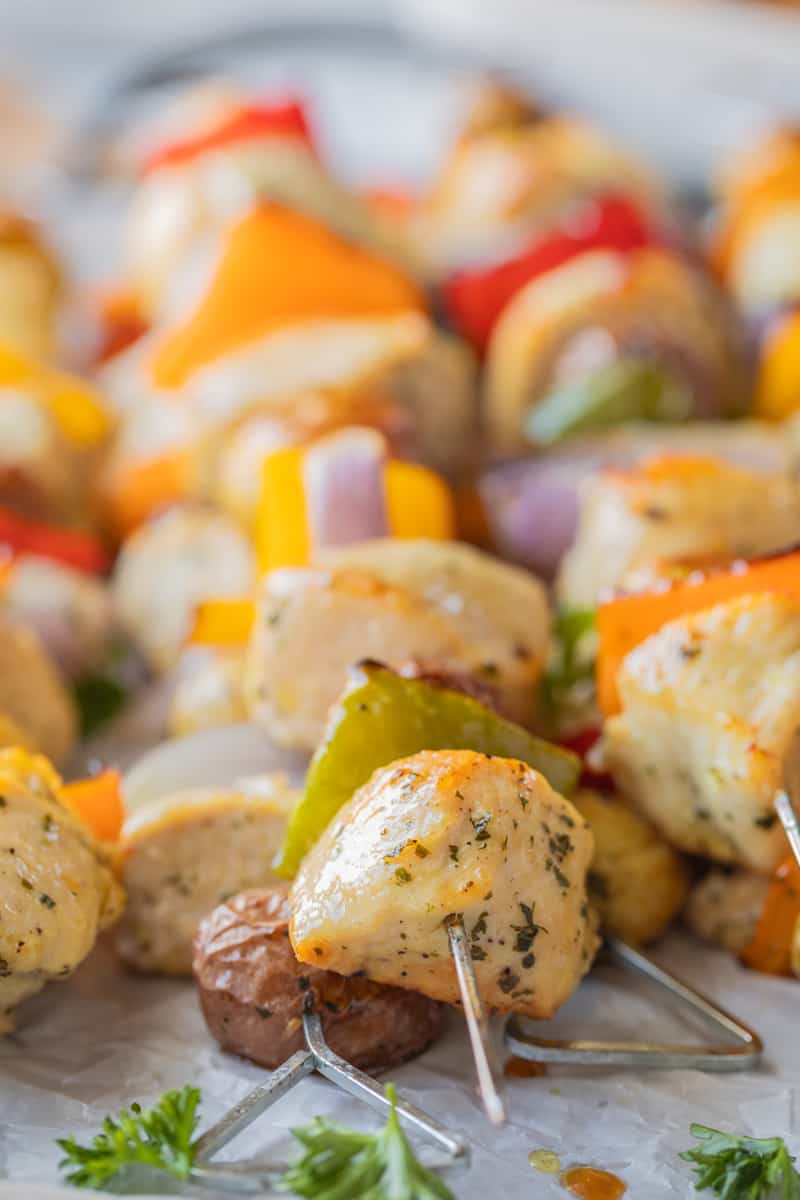 chicken, vegetable, potato kabobs