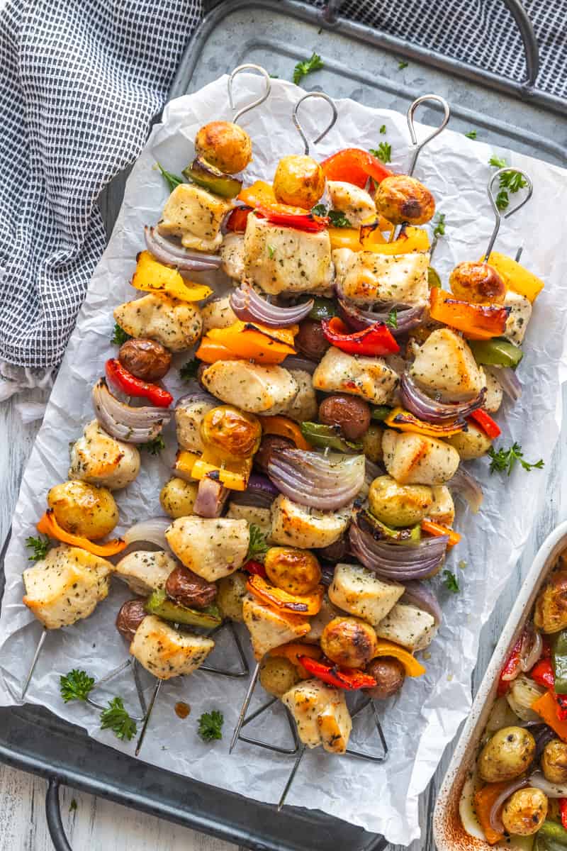 top down shot of baked chicken kabobs