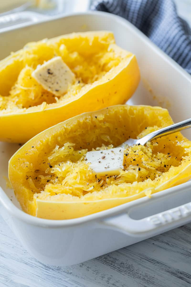 spaghetti squash in peel in dish