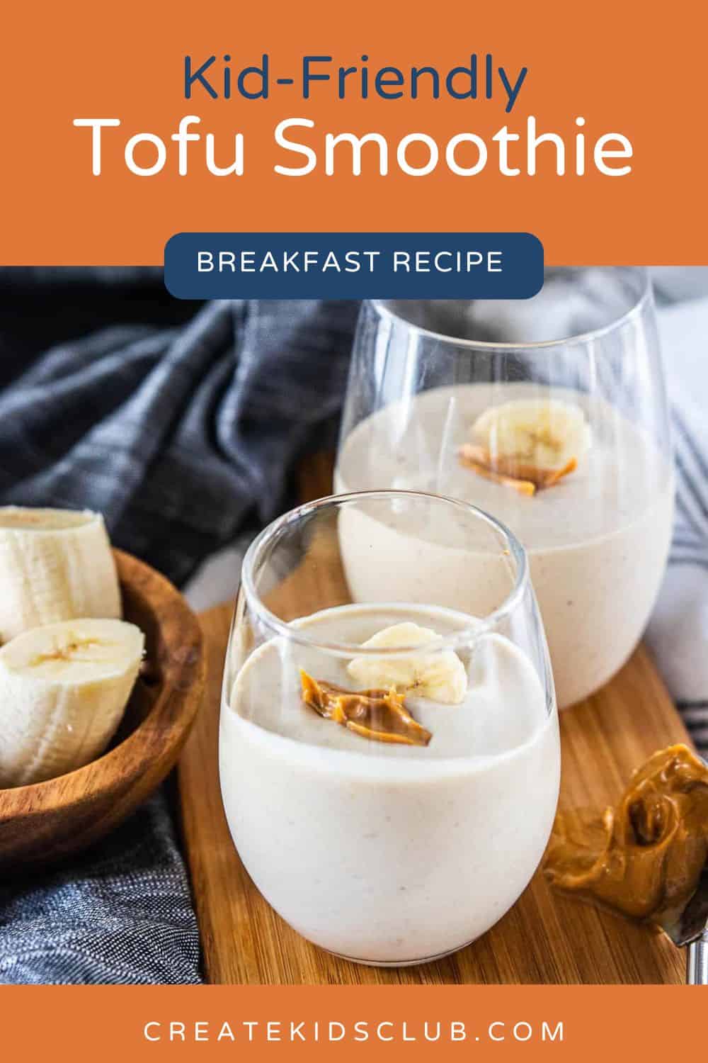 pin of a tofu smoothie with peanut butter and banana on top