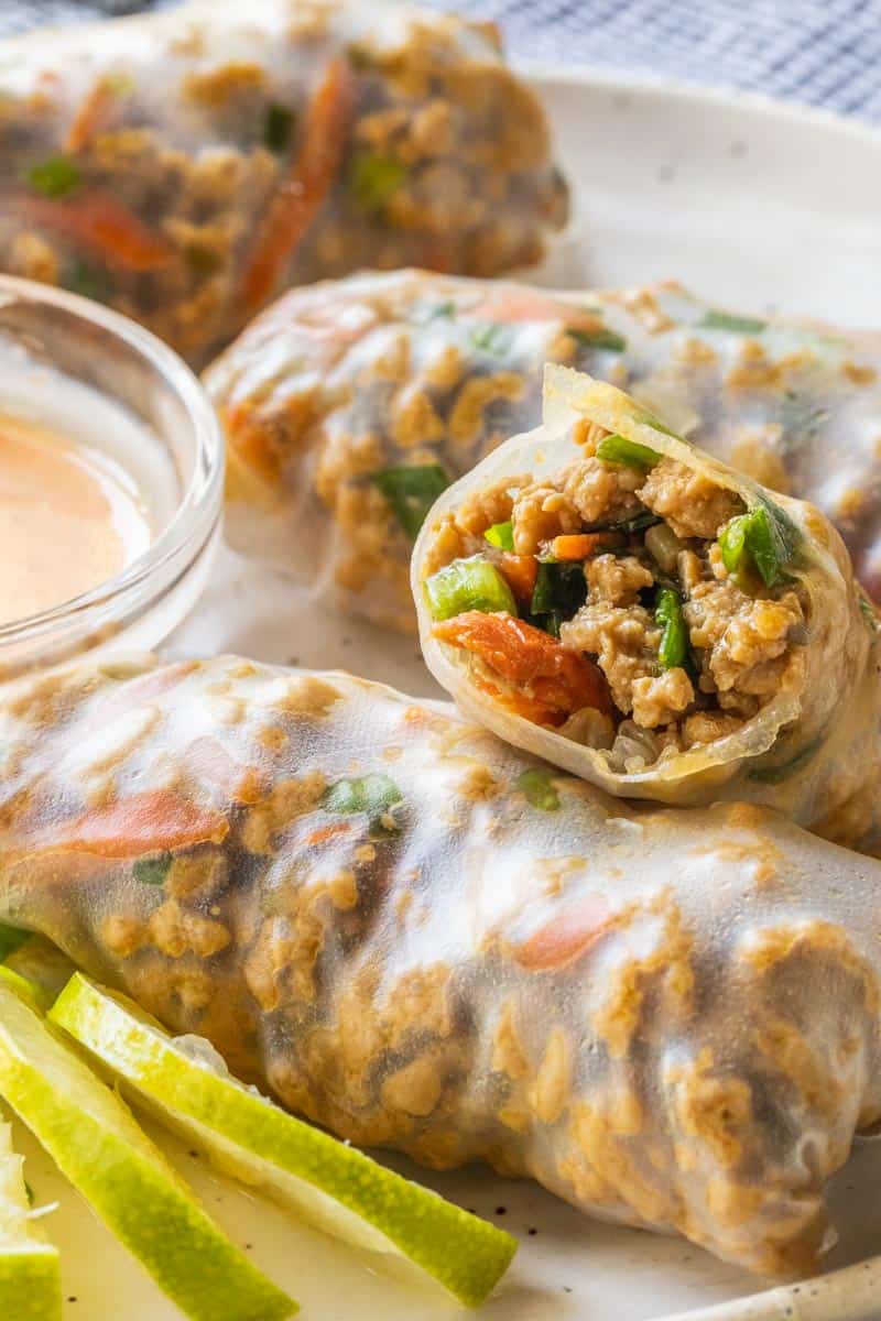 spring rolls filled with chicken and veggies
