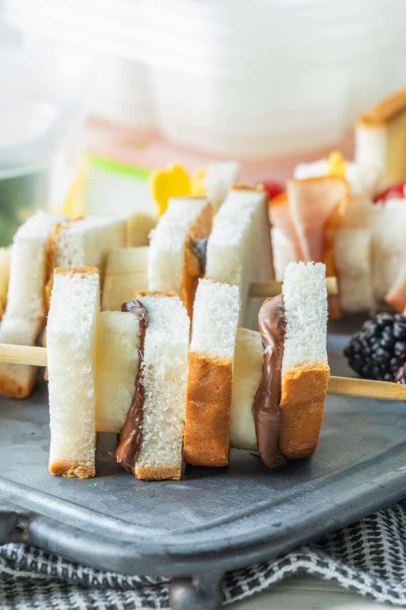 Nutella and banana sandwich bites on a skewer