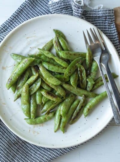 top down view of roasted sugar snap peas