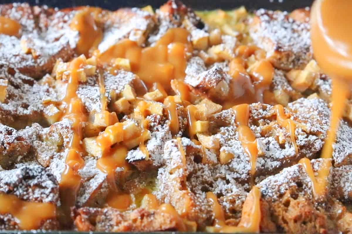 apple bread pudding drizzled with caramel