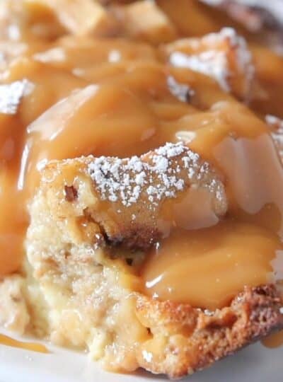 close up of apple bread pudding
