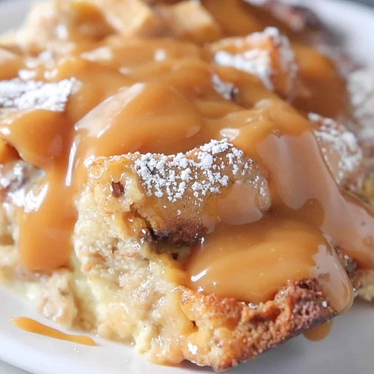 close up of apple bread pudding
