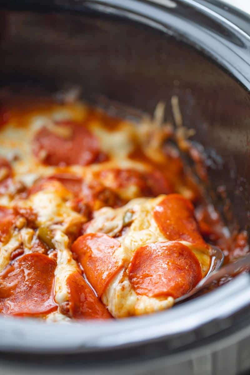 pepperoni pizza casserole in a crockpot