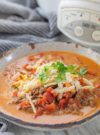 5 ingredient crockpot taco soup in a serving bowl