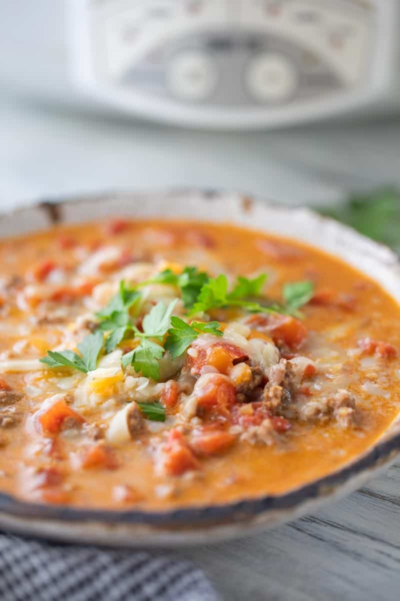 close up view of crockpot taco soup