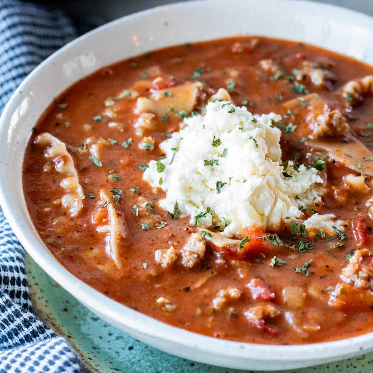 crockpot lasagna soup in a bowl