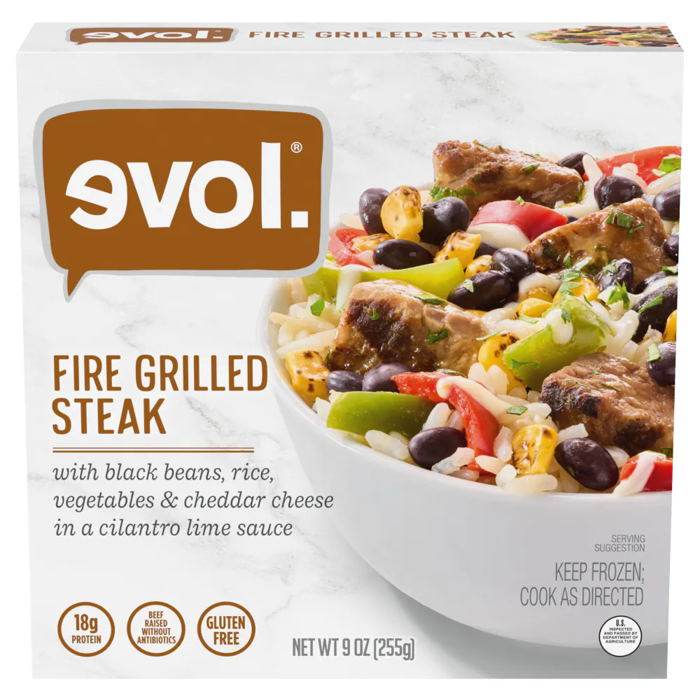 evol gluten free frozen meal - fire grilled steak bowl