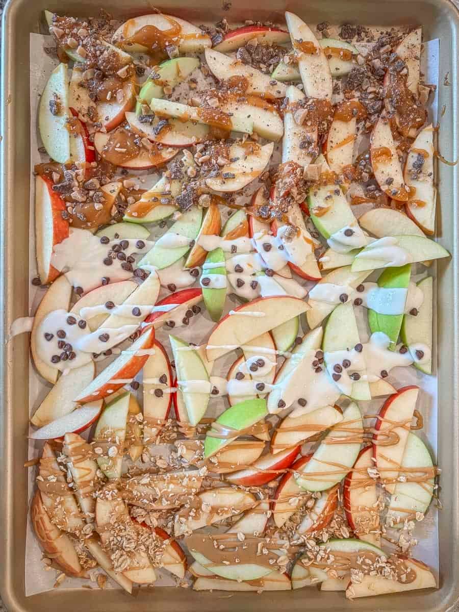 top down shot of apple nachos made three ways